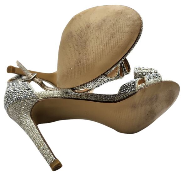 Silver Stone Studded Princess Bow Embellished Strappy Stiletto Pumps Heels 7.5 - Picture 9 of 11